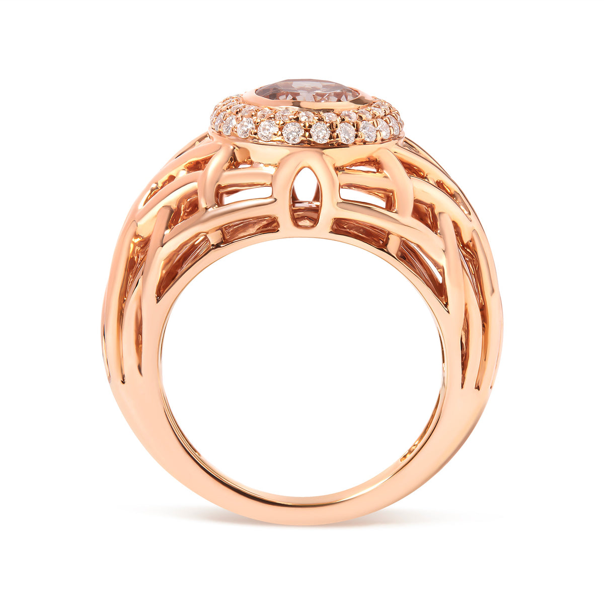 14K Rose Gold Oval Morganite and 3/8 Cttw Diamond Halo Basket Weave Cocktail Ring Size 7