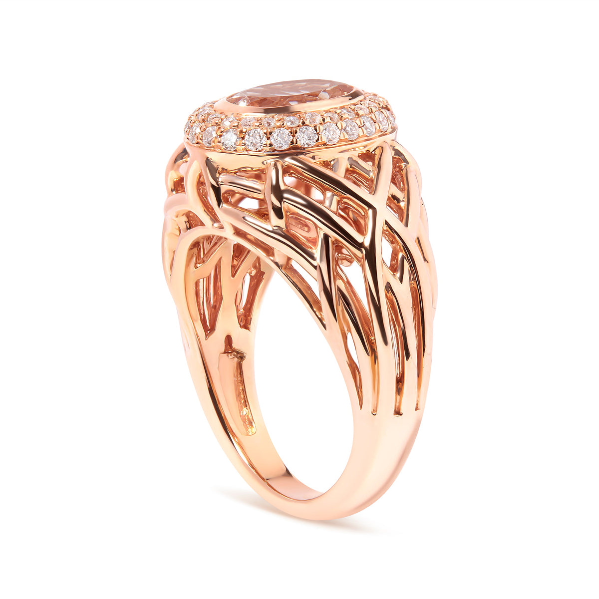 14K Rose Gold Oval Morganite and 3/8 Cttw Diamond Halo Basket Weave Cocktail Ring Size 7