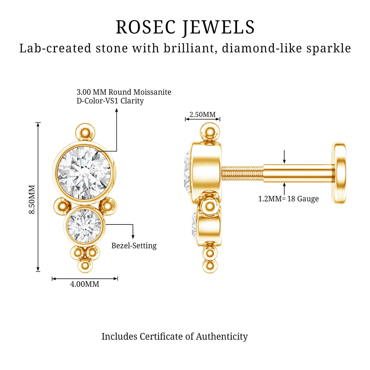 Simple Bezel Set Moissanite Two Stone Tragus Earring
