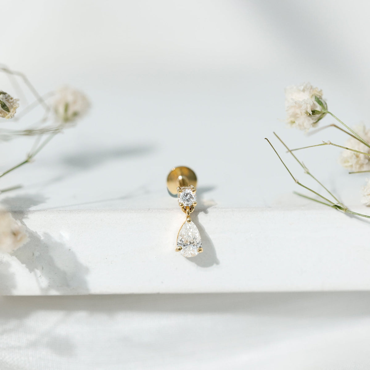 Pear and Round Cut Diamond Stud Drop Helix Earring