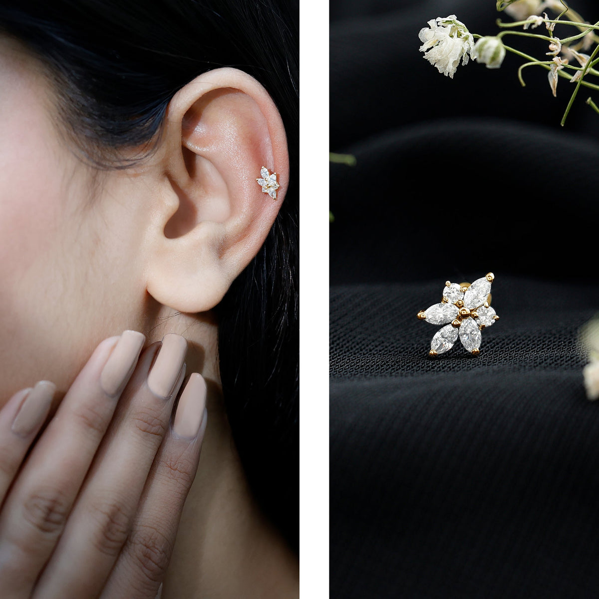 Marquise and Round Moissanite Cluster Floral Earring