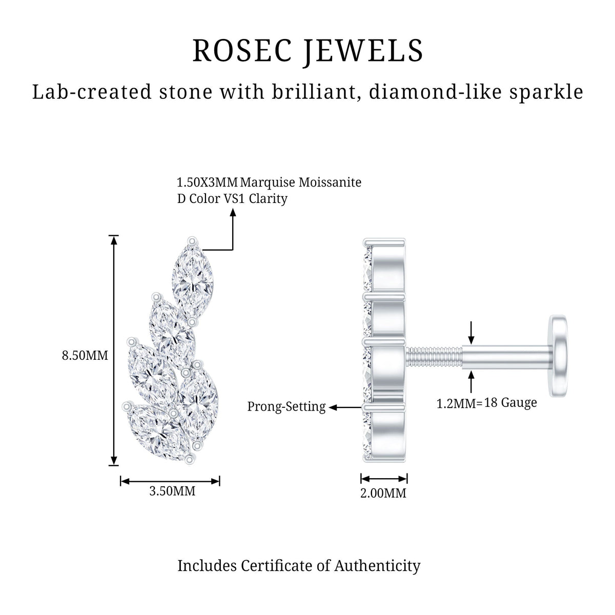 Marquise Moissanite Leaf Earring for Helix Piercing