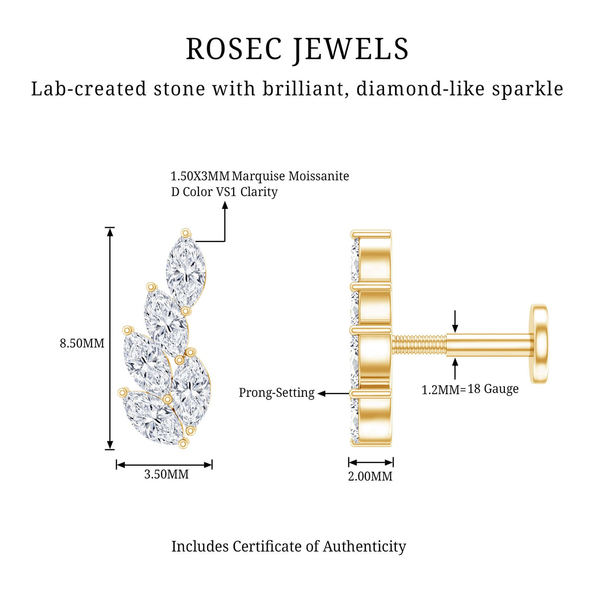 Marquise Moissanite Leaf Earring for Helix Piercing