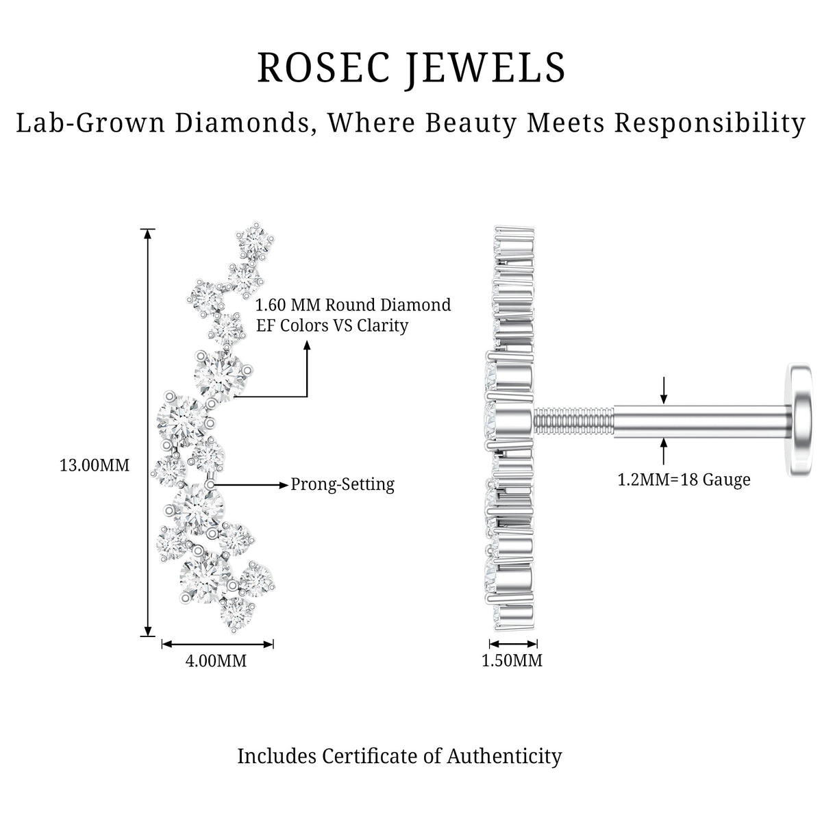Diamond Cluster Crawler Earring for Helix Piercing