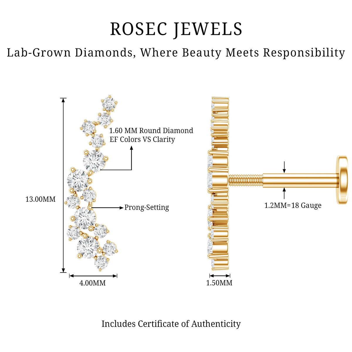 Diamond Cluster Crawler Earring for Helix Piercing