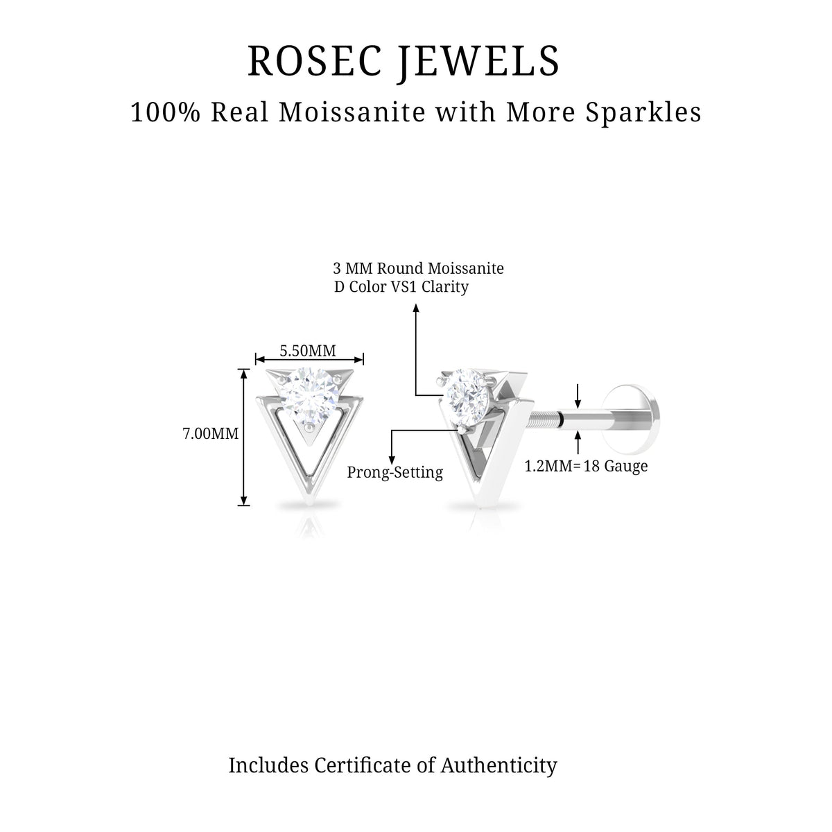 Certified Moissanite Triangle Tragus Earring