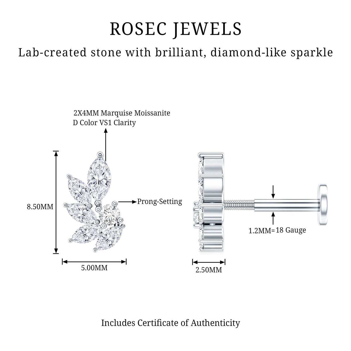 Marquise and Round Cut Moissanite Earring for Cartilage Piercing