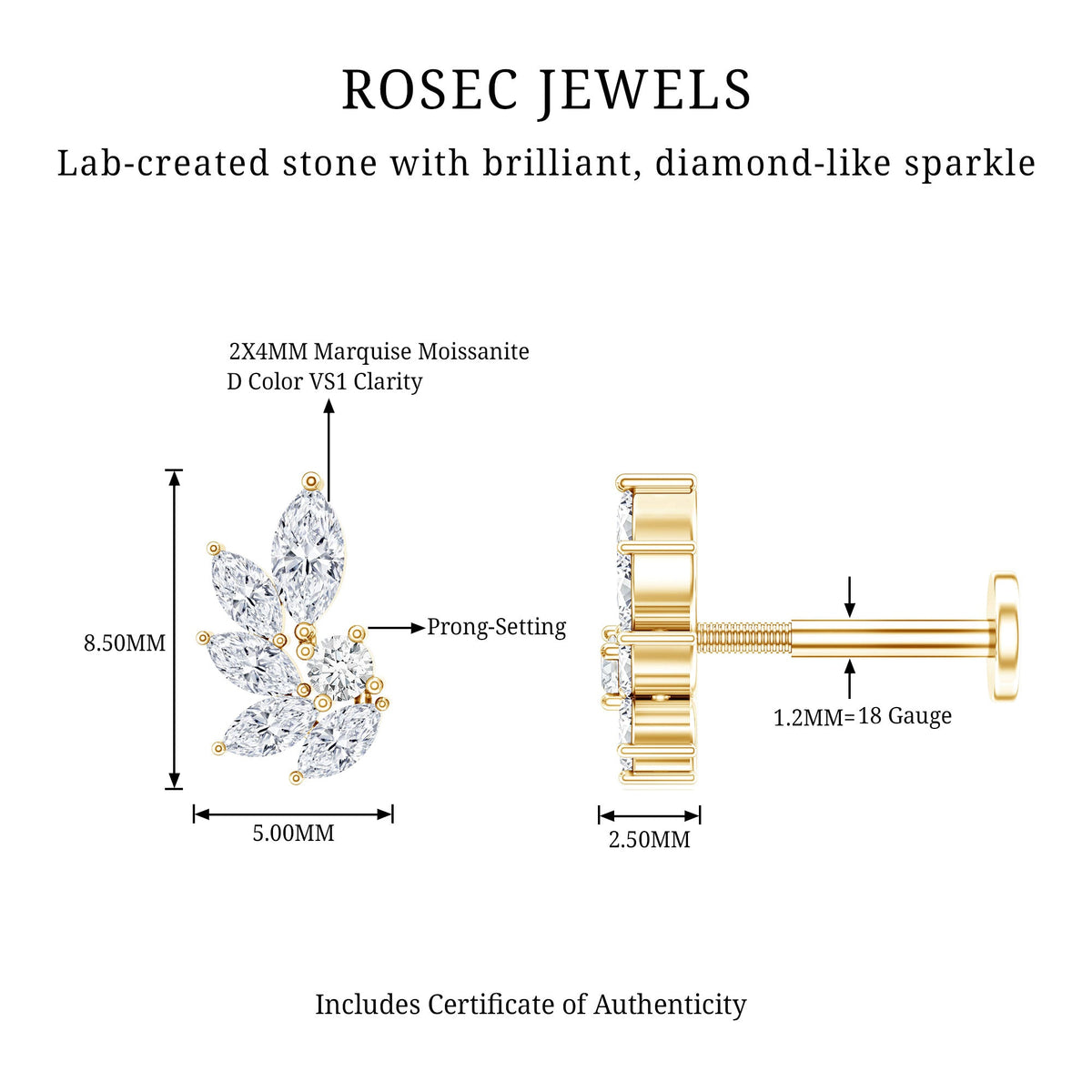 Marquise and Round Cut Moissanite Earring for Cartilage Piercing