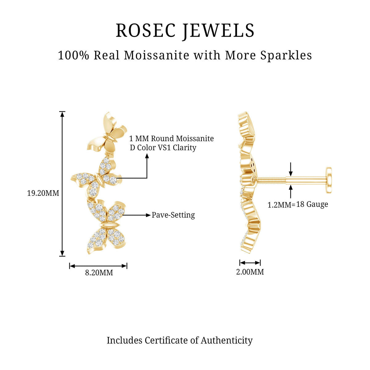 Moissanite Butterfly Climber Earring for Helix Piercing