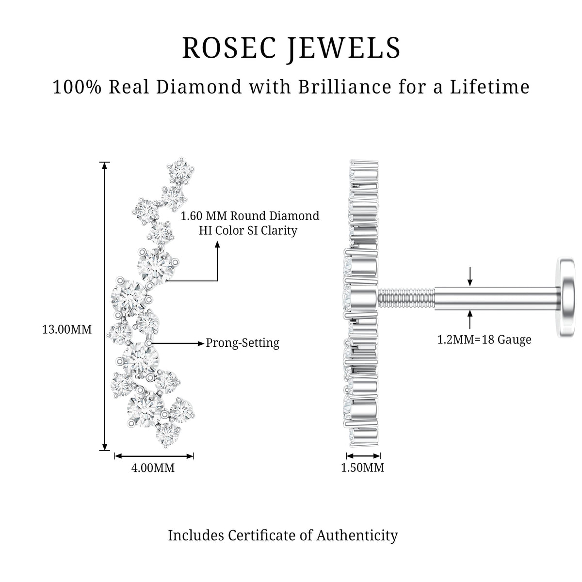 Diamond Cluster Crawler Earring for Helix Piercing