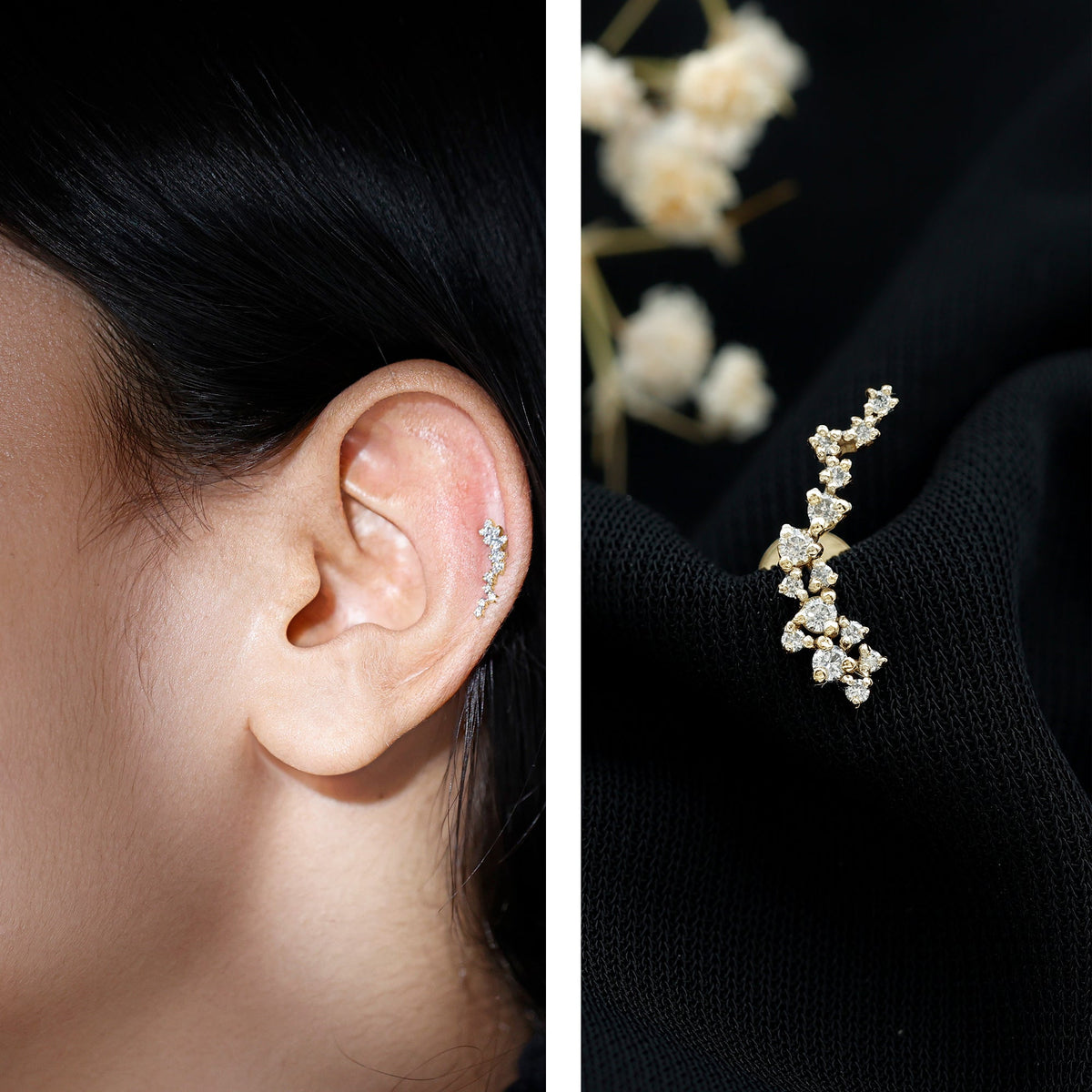 Diamond Cluster Crawler Earring for Helix Piercing