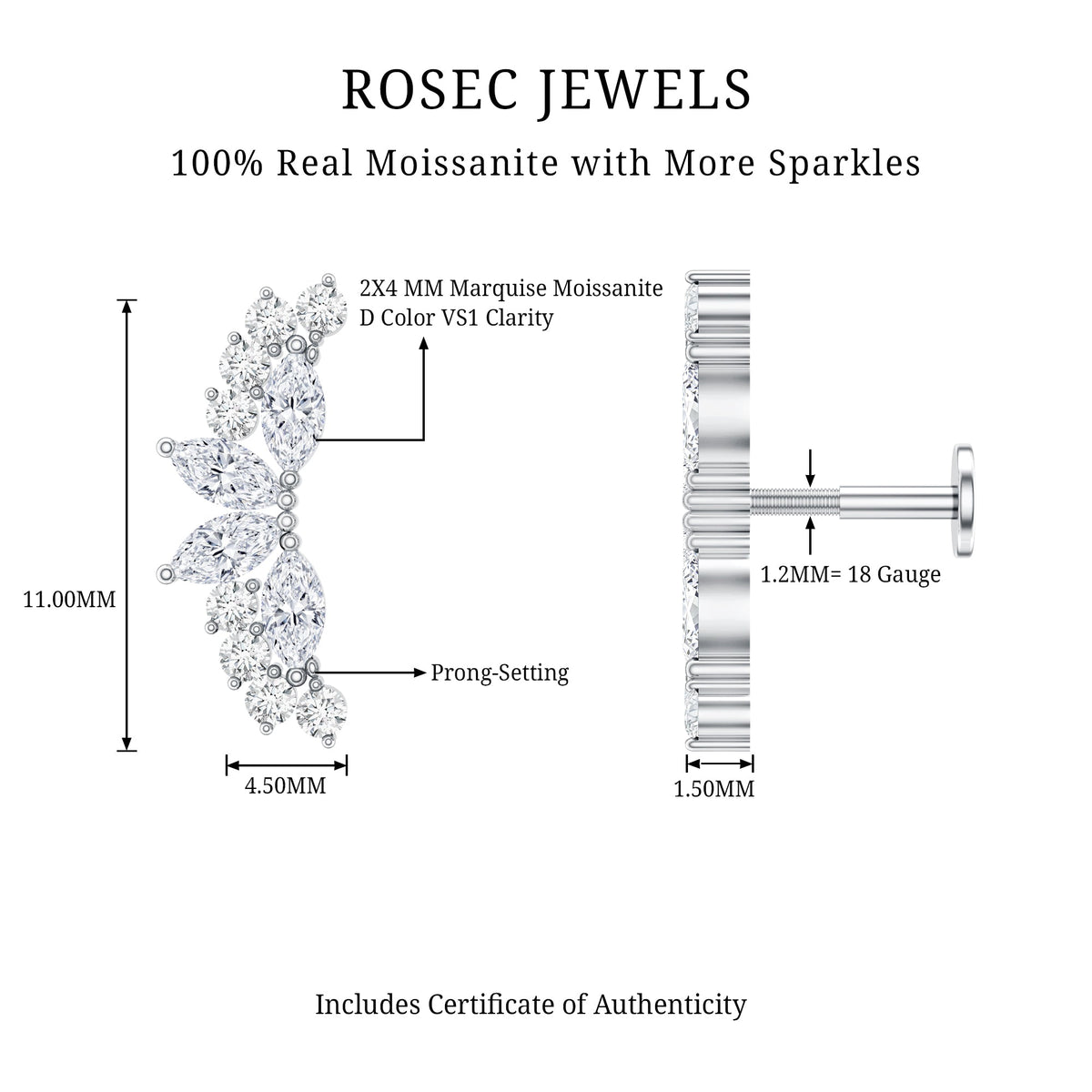 Certified Moissanite Cluster Crawler Earring for Helix Piercing