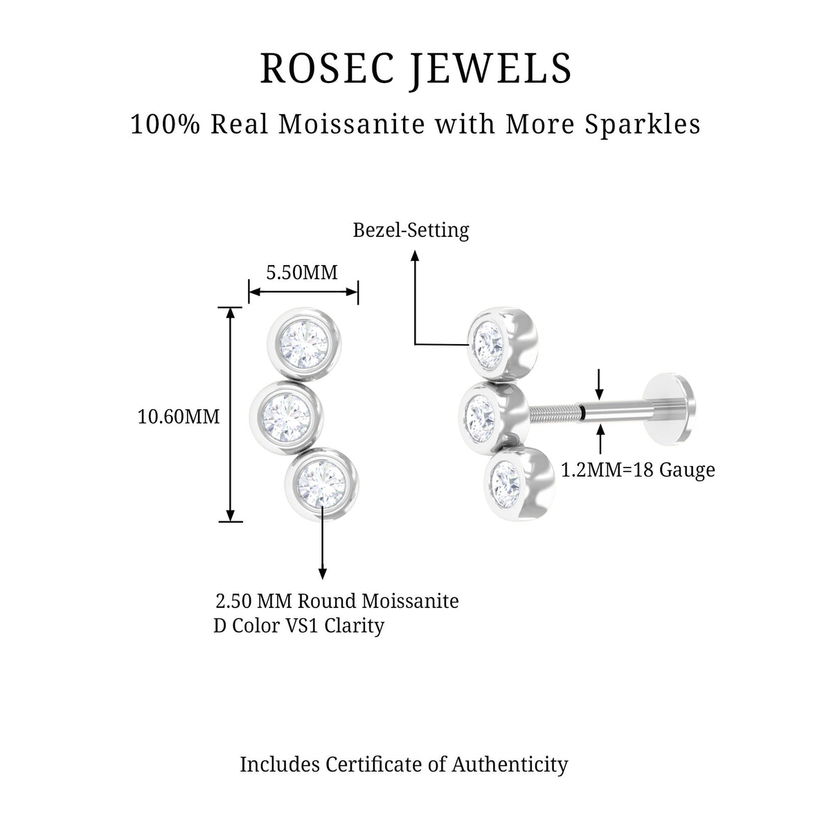 Bezel Set Moissanite Three Stone Crawler Earring