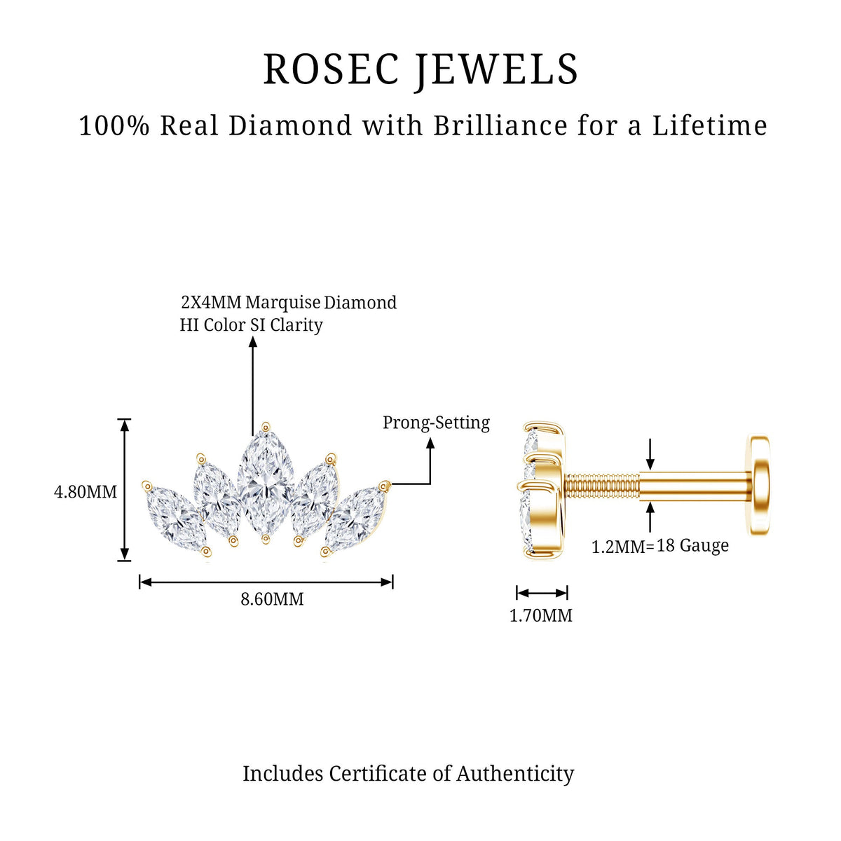 Certified Marquise Cut Diamond Helix Earring for Women