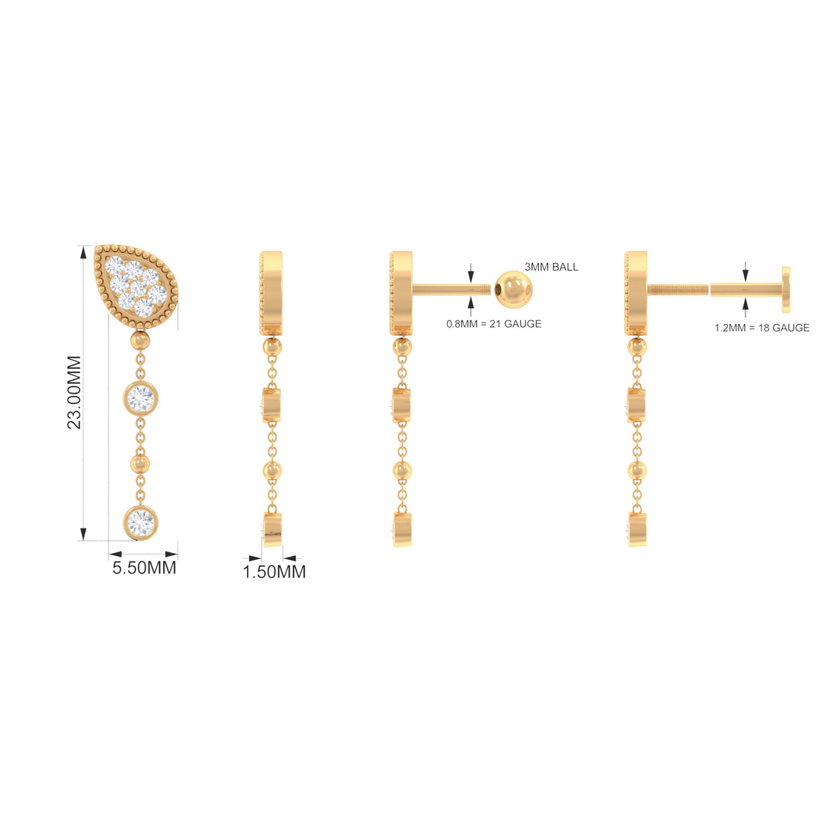 Natural Diamond Chain Dangle Earring for Cartilage Piercing