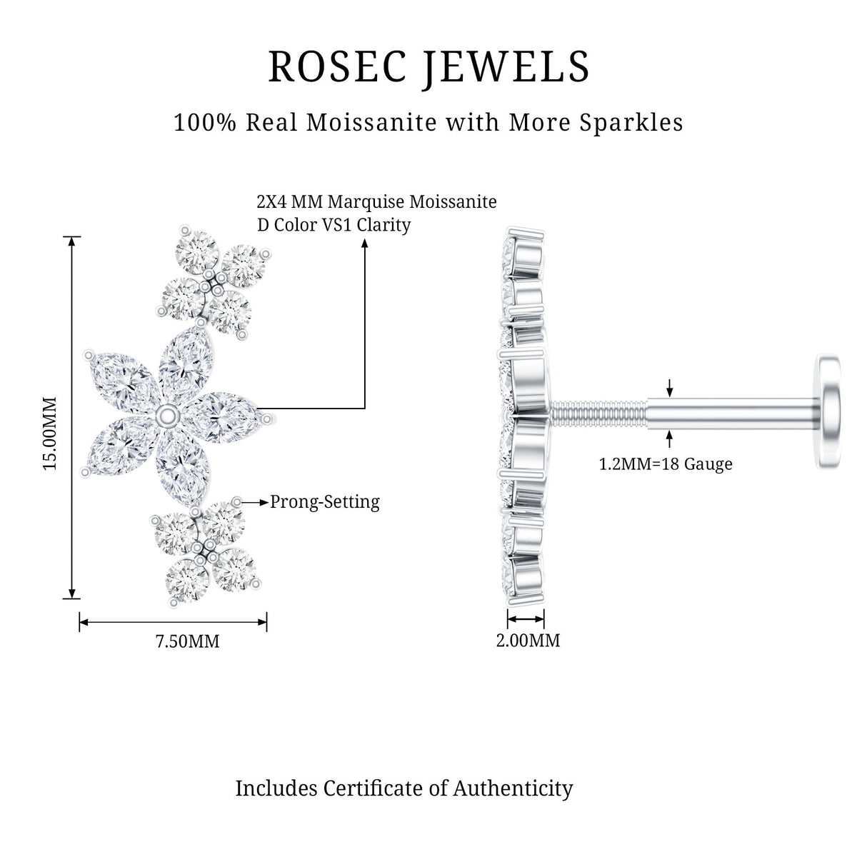 Certified Round Moissanite Flower Ear Crawler Earring