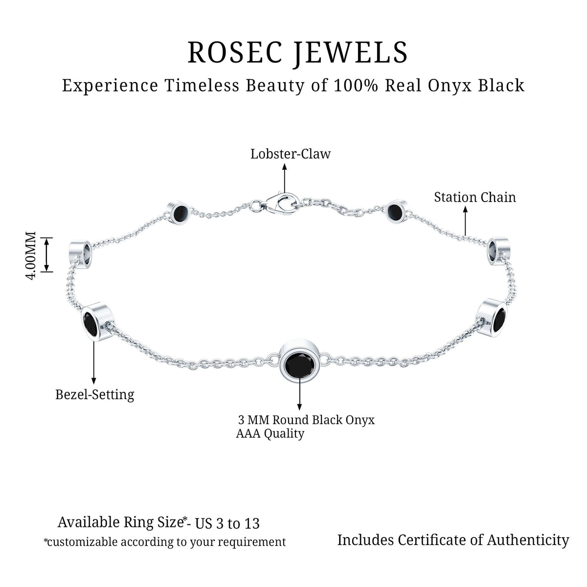 Bezel Set Black Onyx Seven Stone Station Chain Bracelet