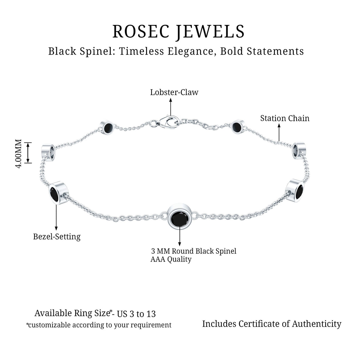 Natural Black Spinel 7 Stone Station Chain Bracelet