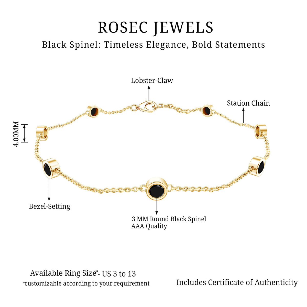 Natural Black Spinel 7 Stone Station Chain Bracelet