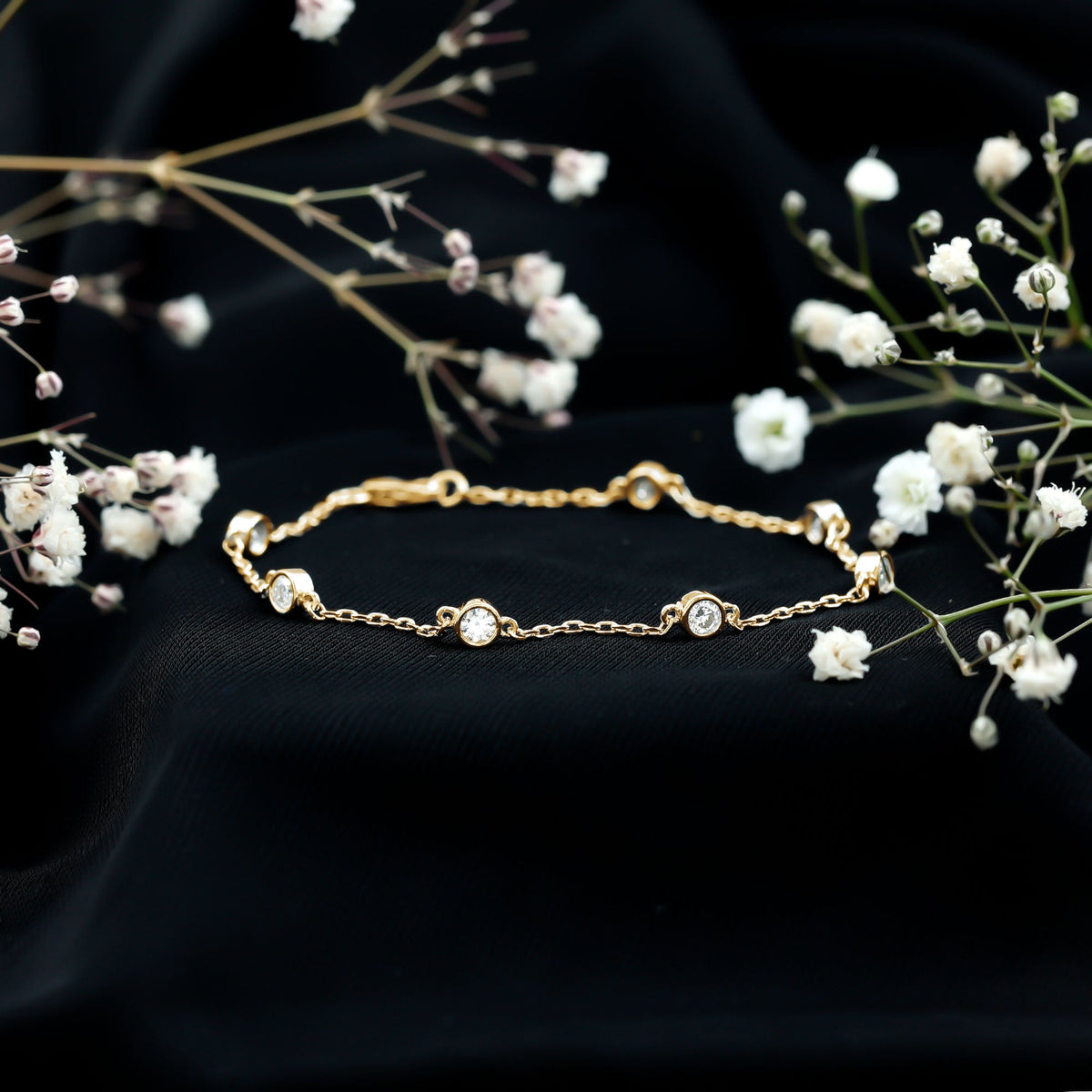 Round Cut Certified Moissanite Chain Bracelet in Bezel Setting