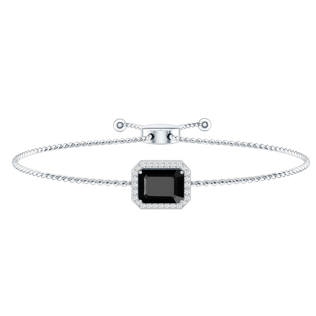 Natural 1.8 Carat Emerald Cut Black Onyx Bolo Bracelet with Diamond Halo