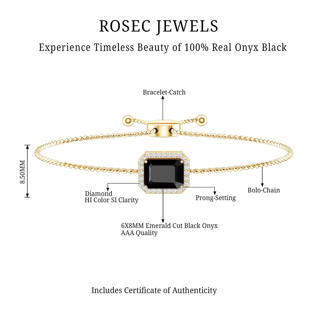 Natural 1.8 Carat Emerald Cut Black Onyx Bolo Bracelet with Diamond Halo