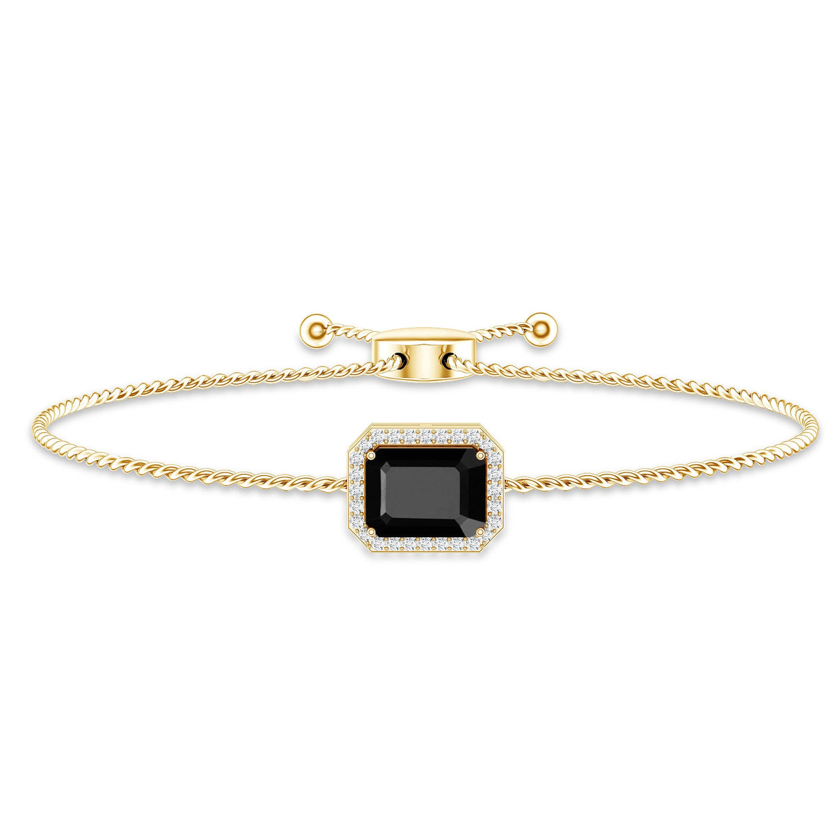 Natural 1.8 Carat Emerald Cut Black Onyx Bolo Bracelet with Diamond Halo