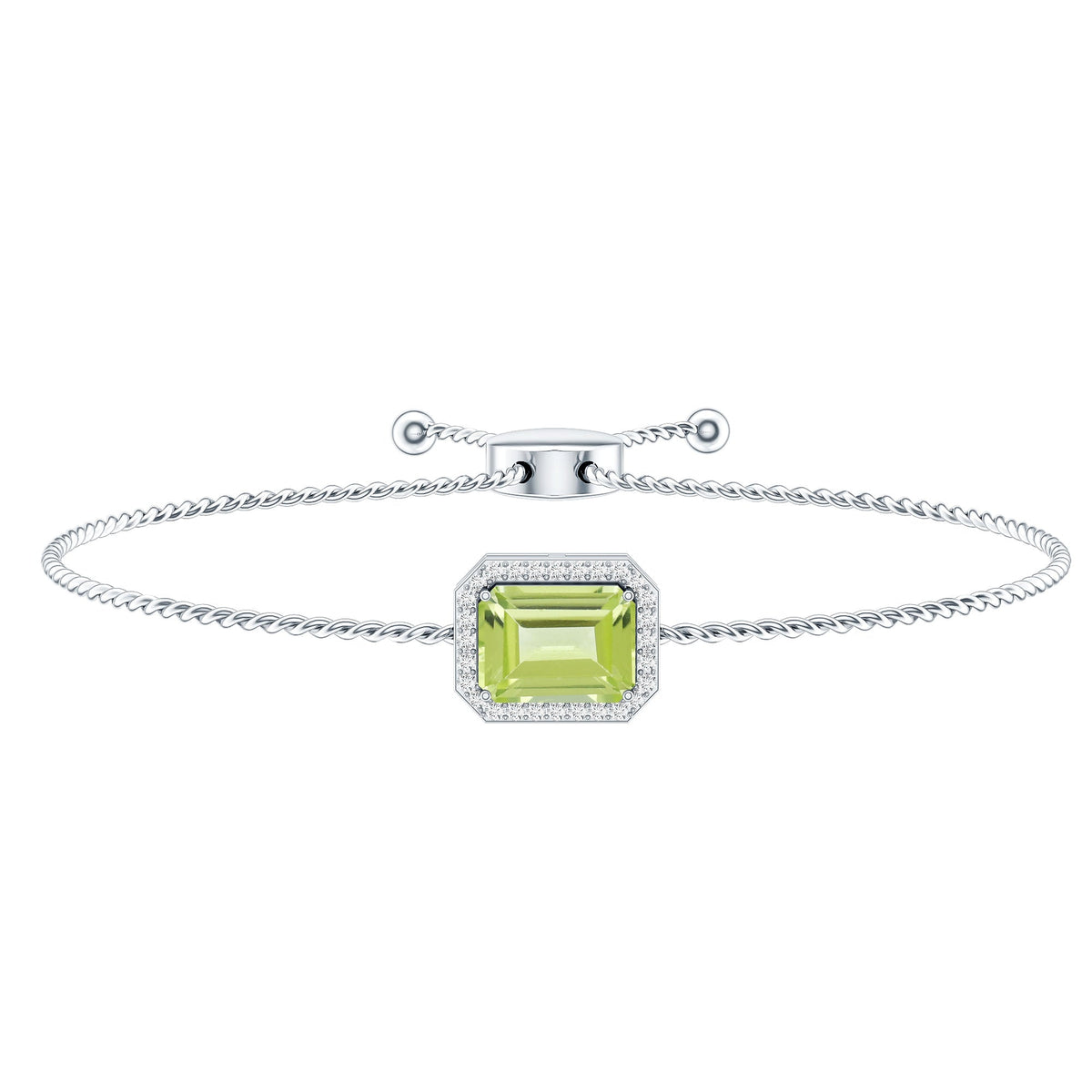 1.8 Carat Emerald Cut Peridot and Diamond Bolo Chain Bracelet