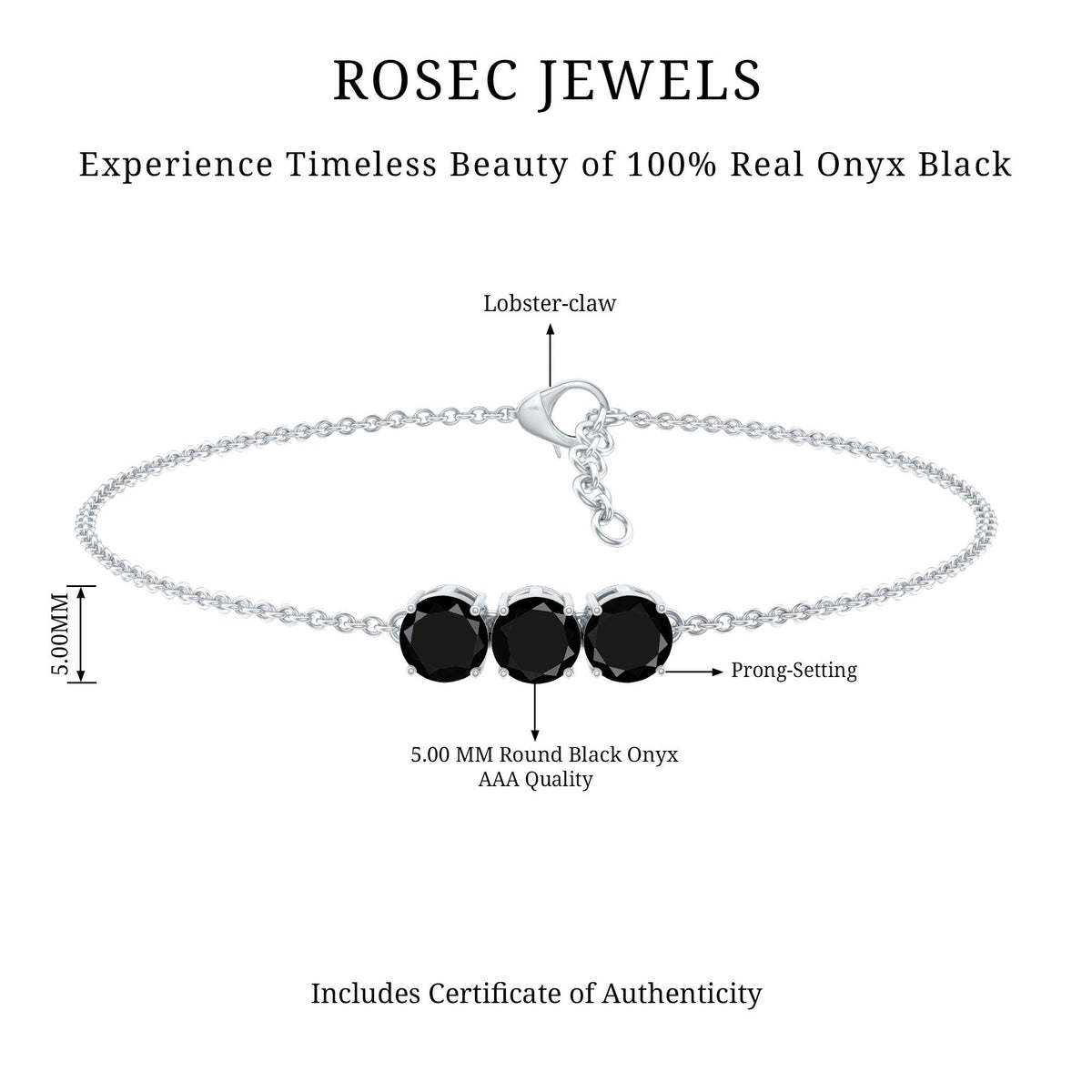 Black Onyx Three Stone Chain Bracelet with Certificate