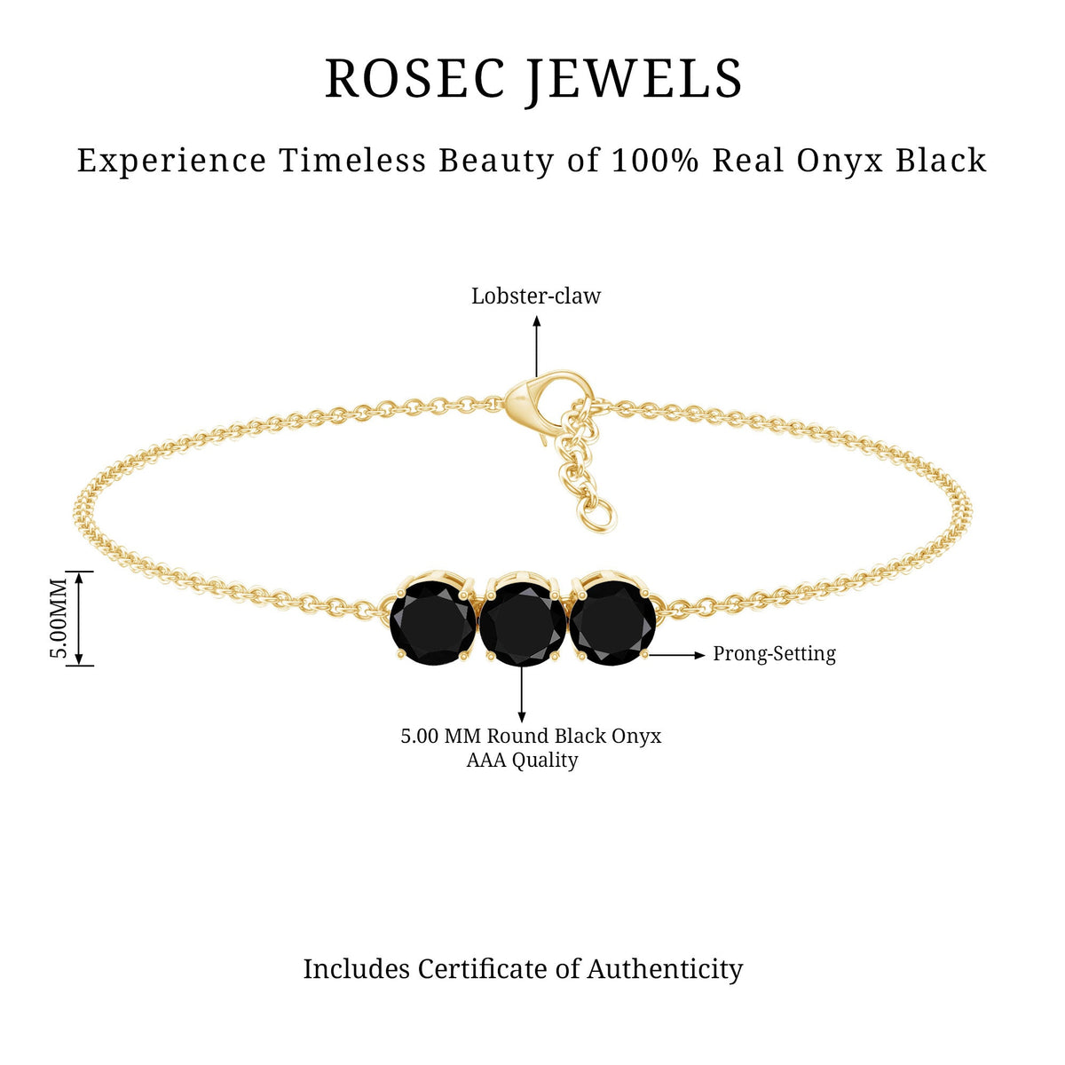 Black Onyx Three Stone Chain Bracelet with Certificate