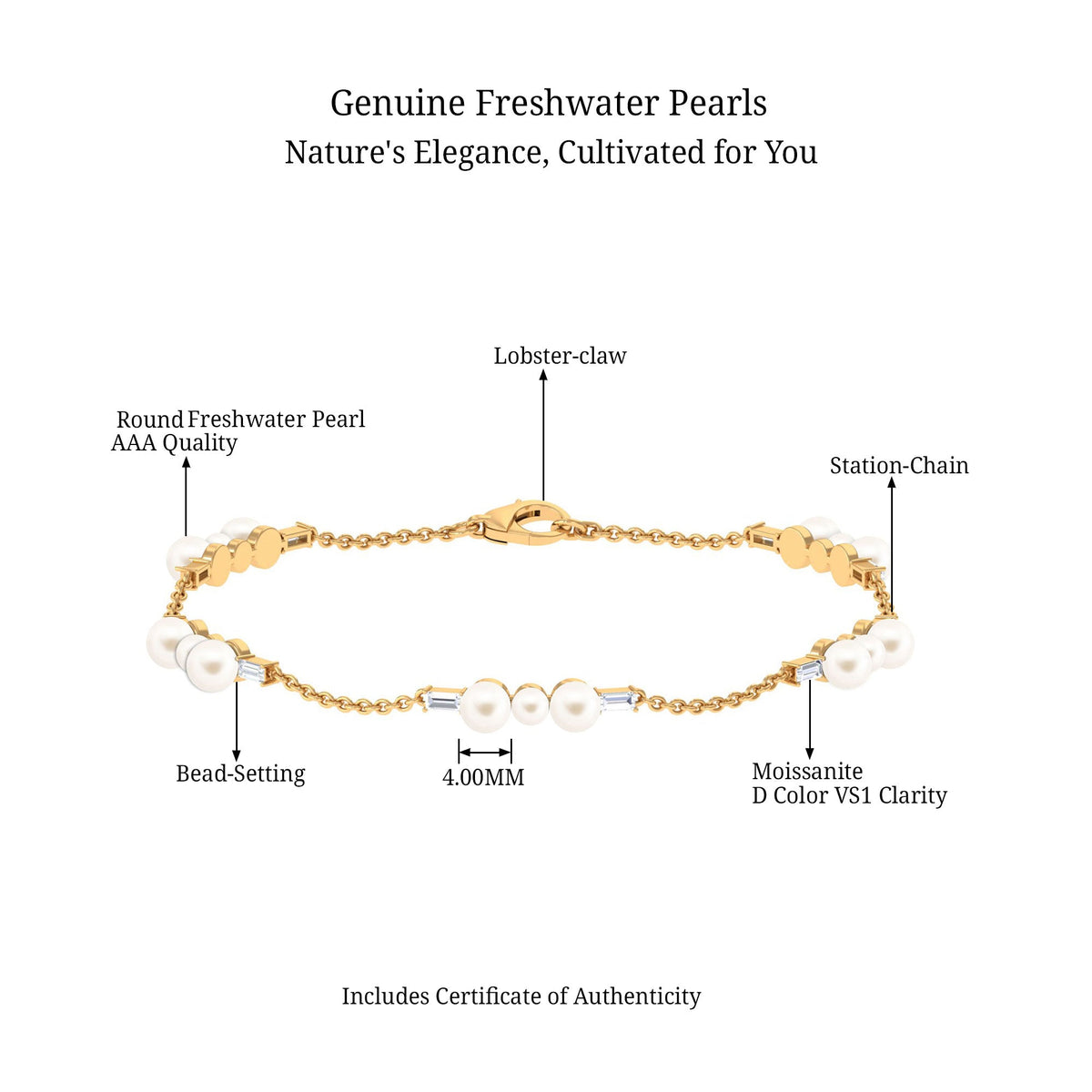 Certified Freshwater Pearl Station Bracelet with Moissanite