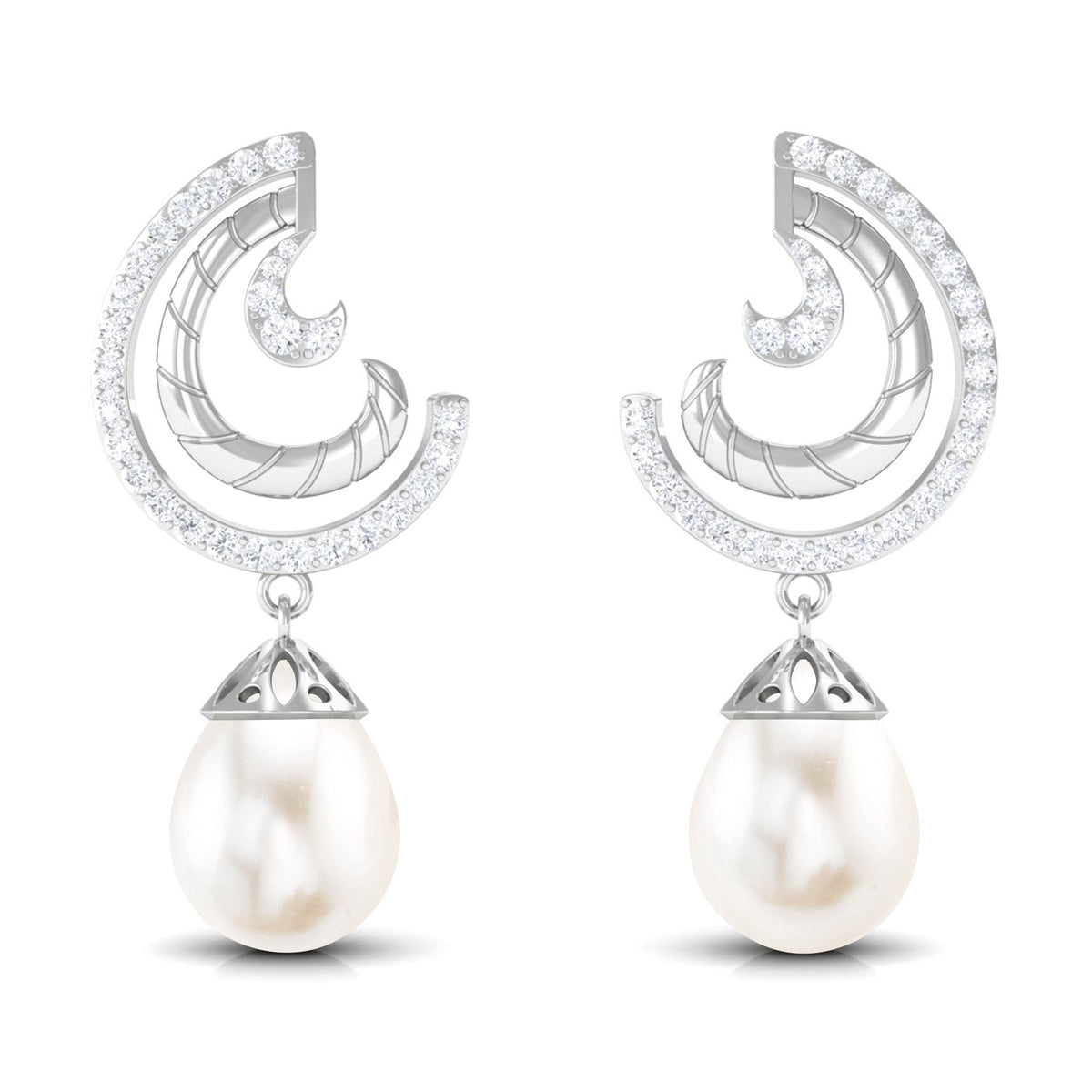 Designer Freshwater Pearl Bridal Drop Earrings with Diamond