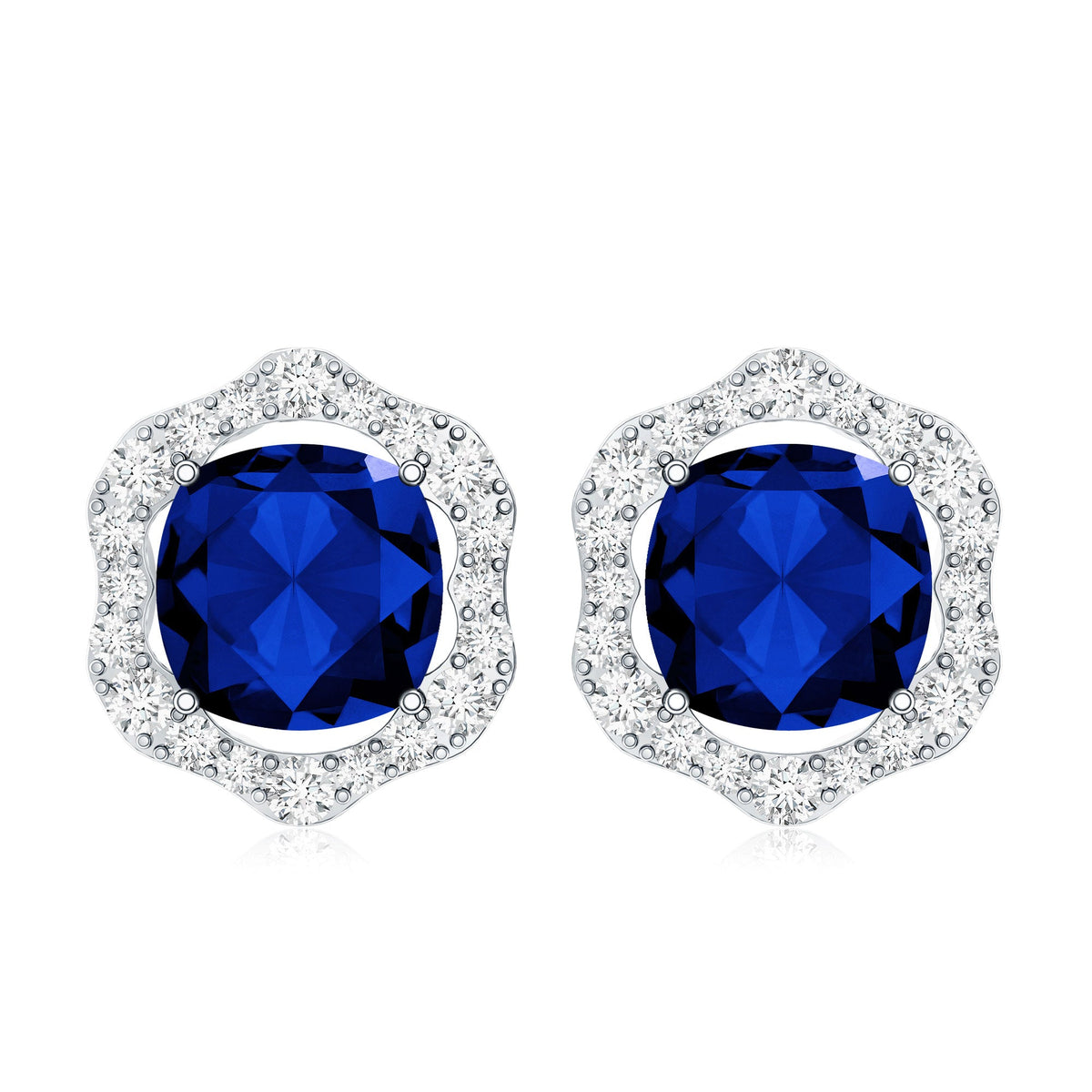 Classic Lab Grown Blue Sapphire Halo Stud Earrings with Diamond