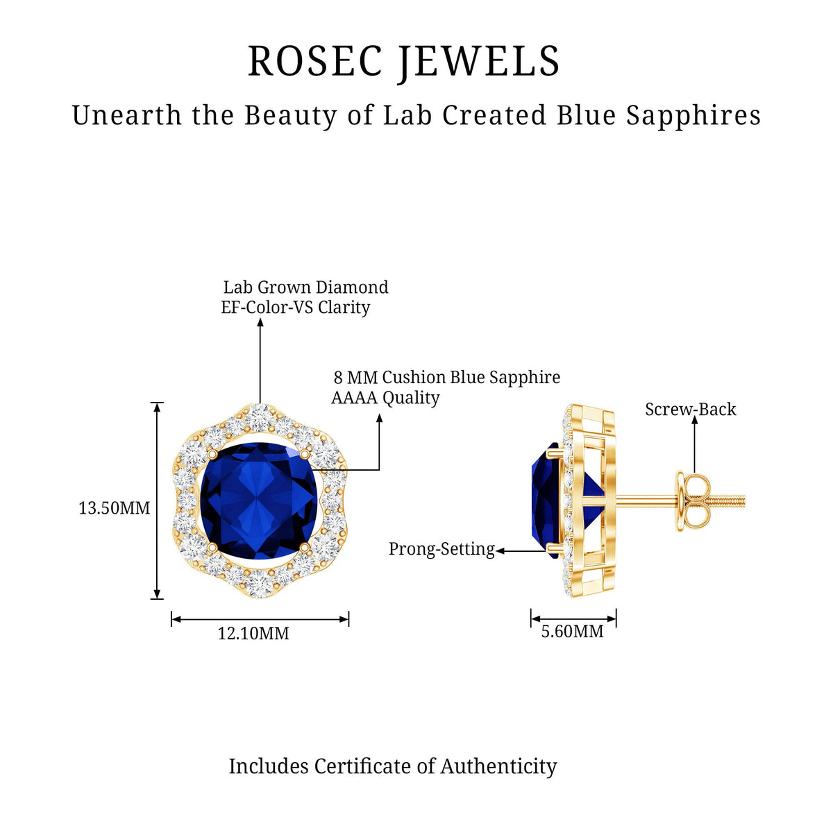 Classic Lab Grown Blue Sapphire Halo Stud Earrings with Diamond