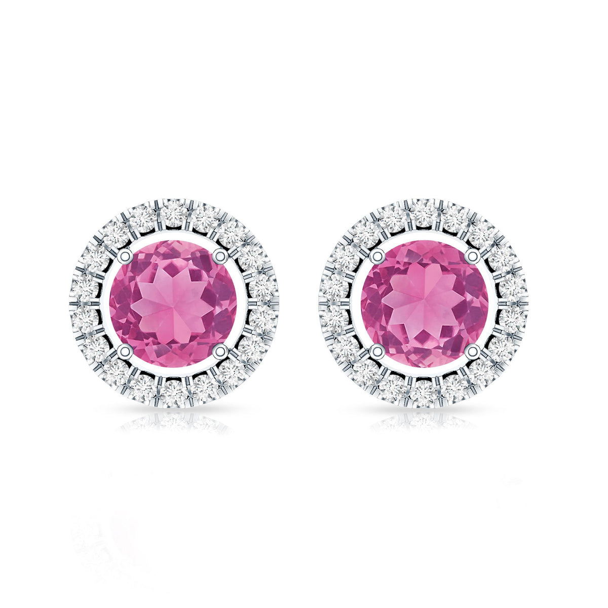 Natural Pink Tourmaline and Diamond Halo Stud Earrings
