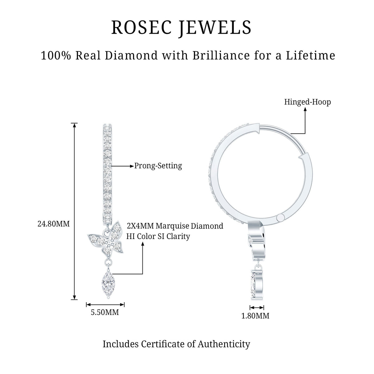 Natural Diamond Butterfly Hoop Earrings for Women