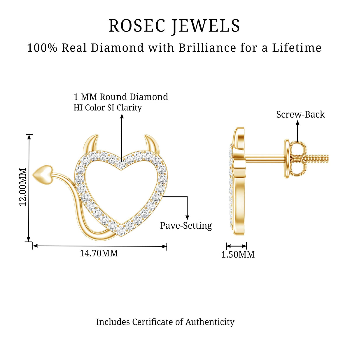 Round Diamond Open Heart Devil stud Earrings