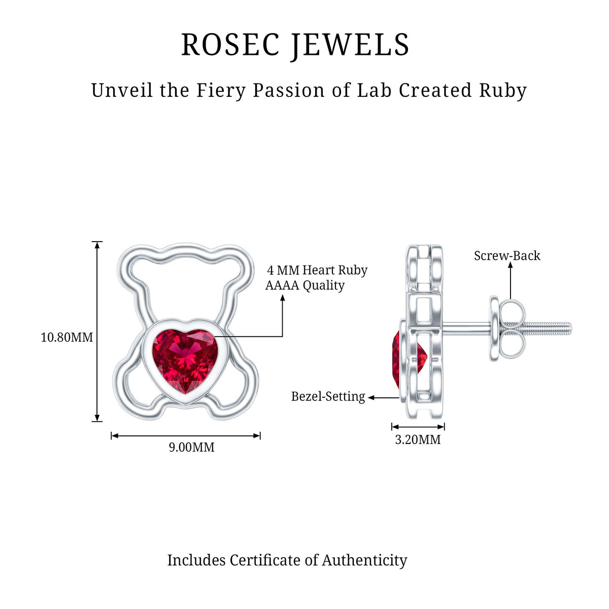 Certified Lab Created Ruby Teddy Bear Stud Earrings