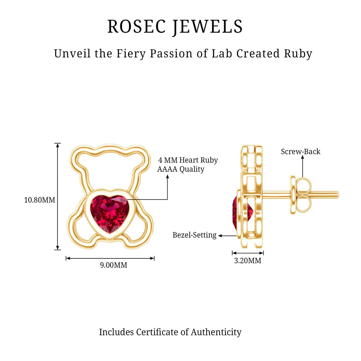 Certified Lab Created Ruby Teddy Bear Stud Earrings