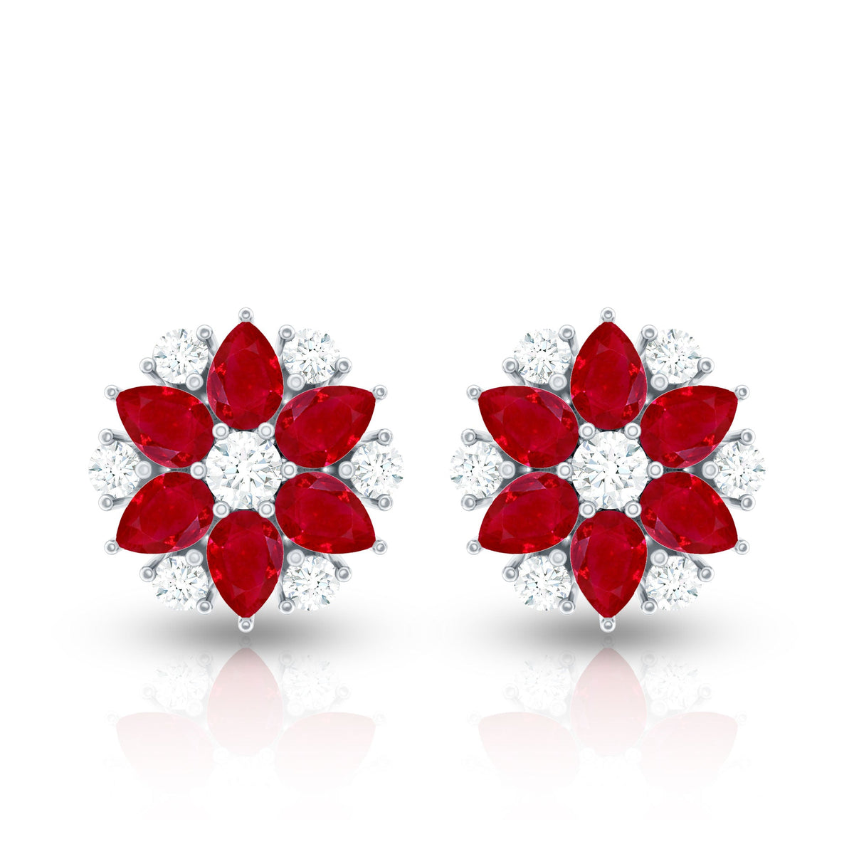 Pear Cut Ruby and Diamond Vintage Flower Earrings