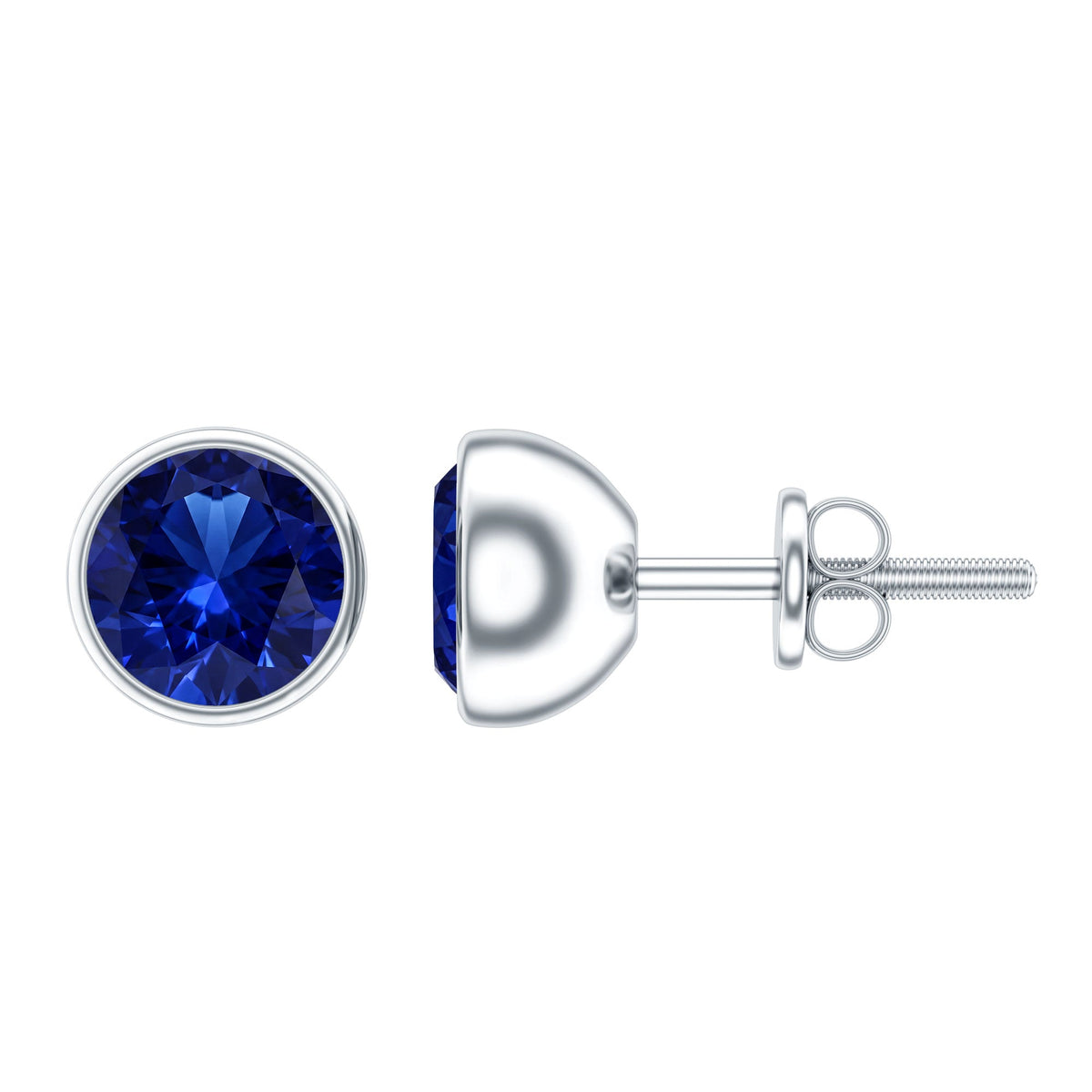 2 Carat Round Lab Created Blue Sapphire Stud Earrings in Bezel Setting