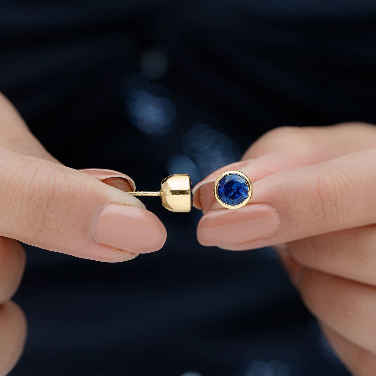 2 Carat Round Lab Created Blue Sapphire Stud Earrings in Bezel Setting