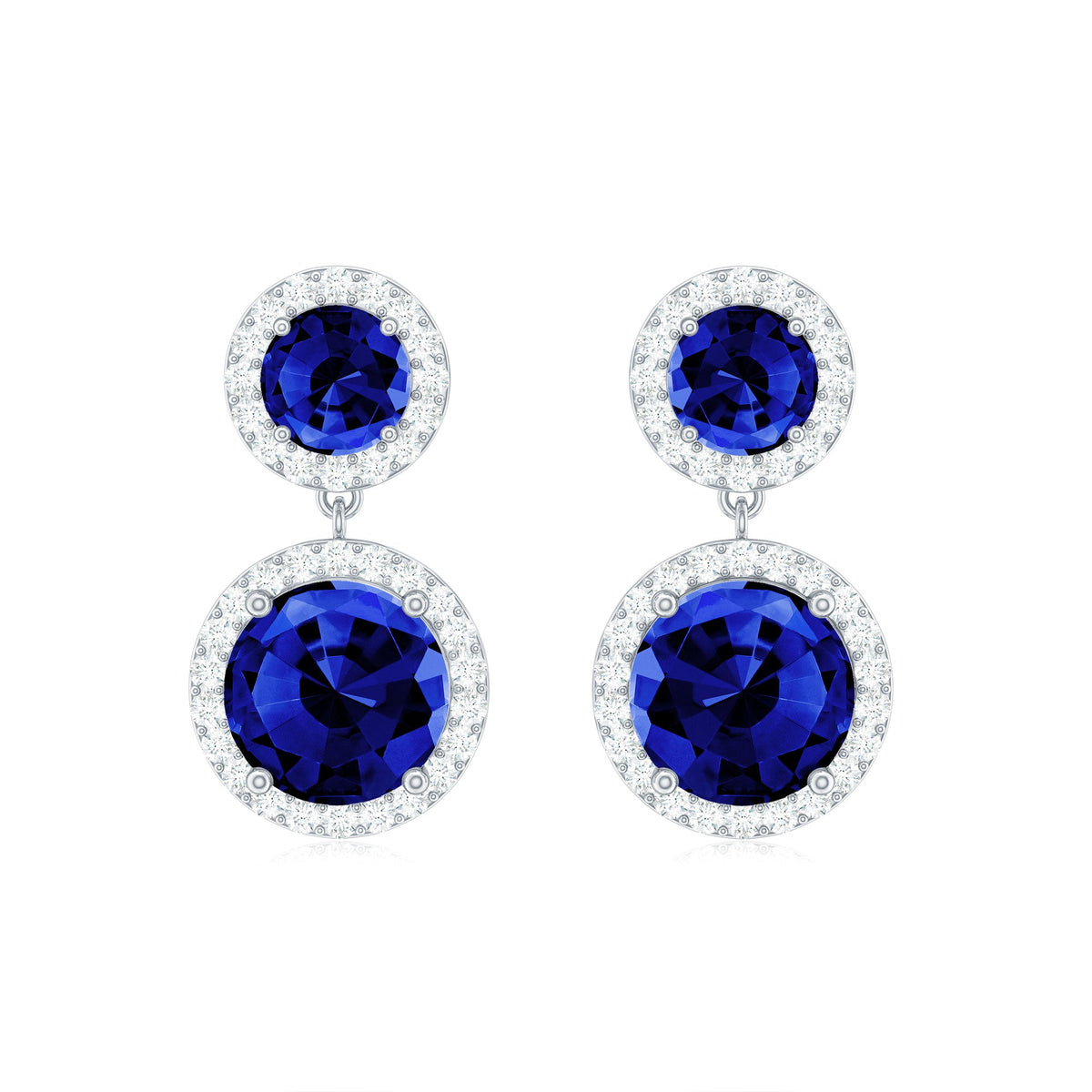 Lab Created Blue Sapphire Wedding Dangle Earrings with Moissanite Halo