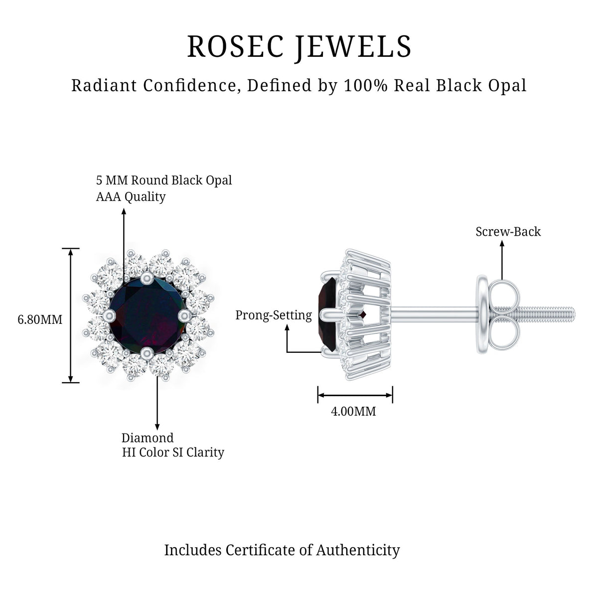 Genuine Black Opal Diamond Earrings with Screw Back