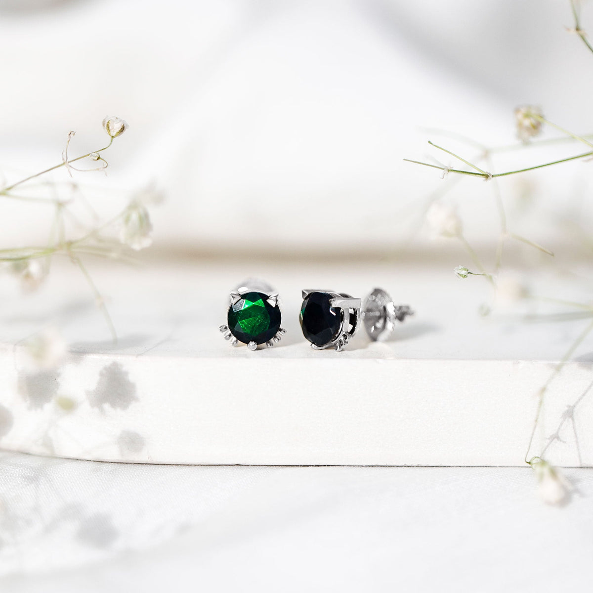 Solitaire Black Opal Cat Stud Earrings with Screw Back