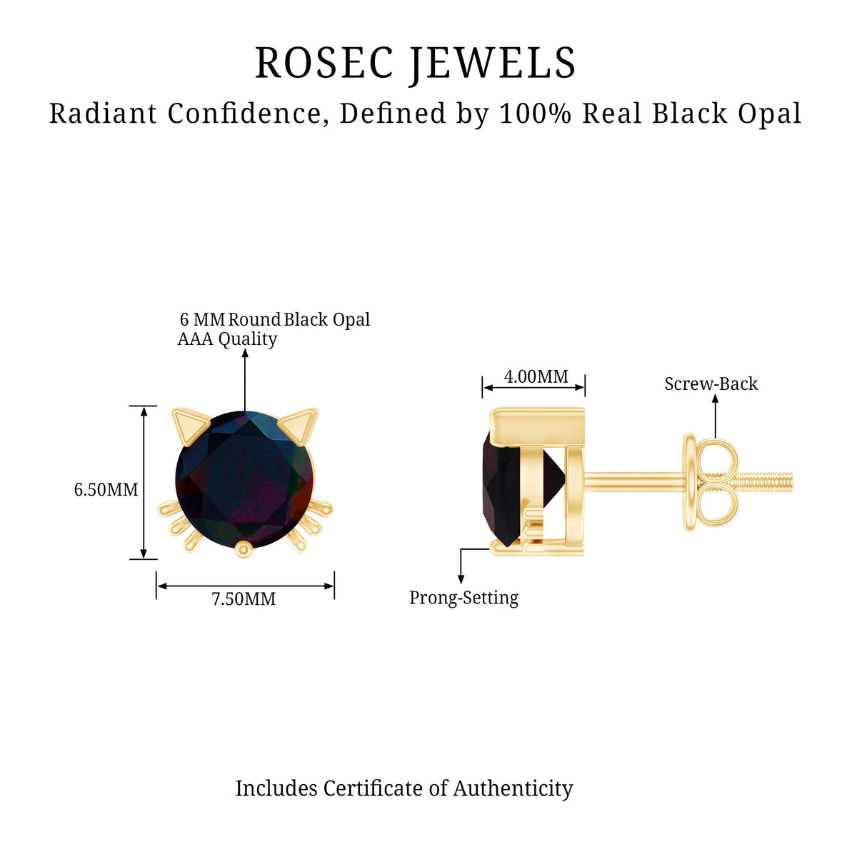 Solitaire Black Opal Cat Stud Earrings with Screw Back