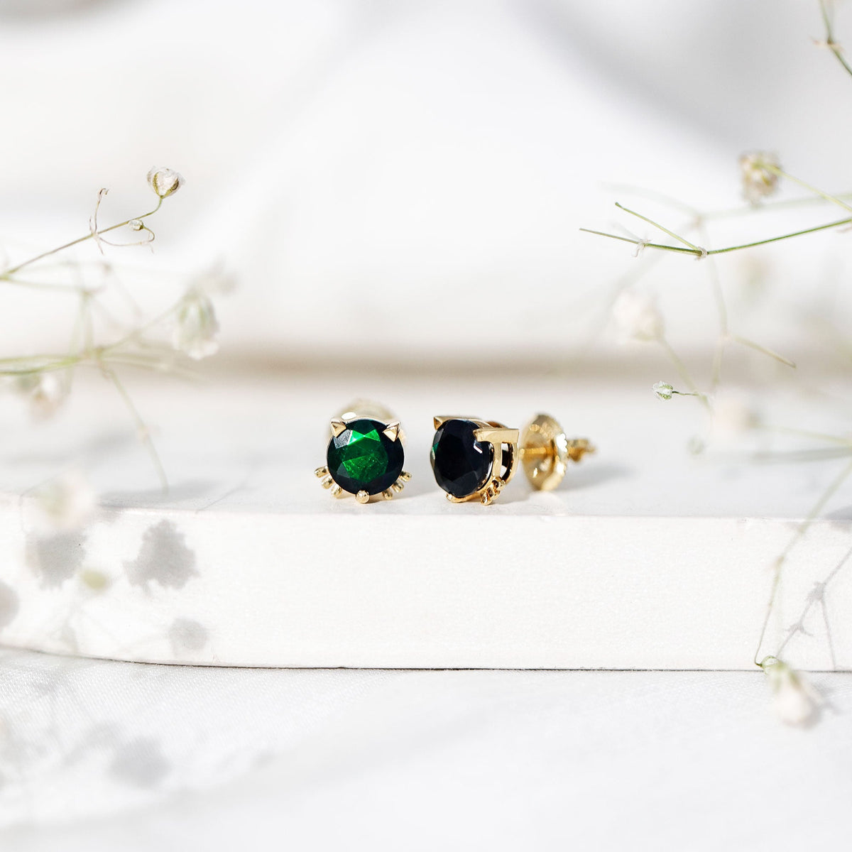 Solitaire Black Opal Cat Stud Earrings with Screw Back