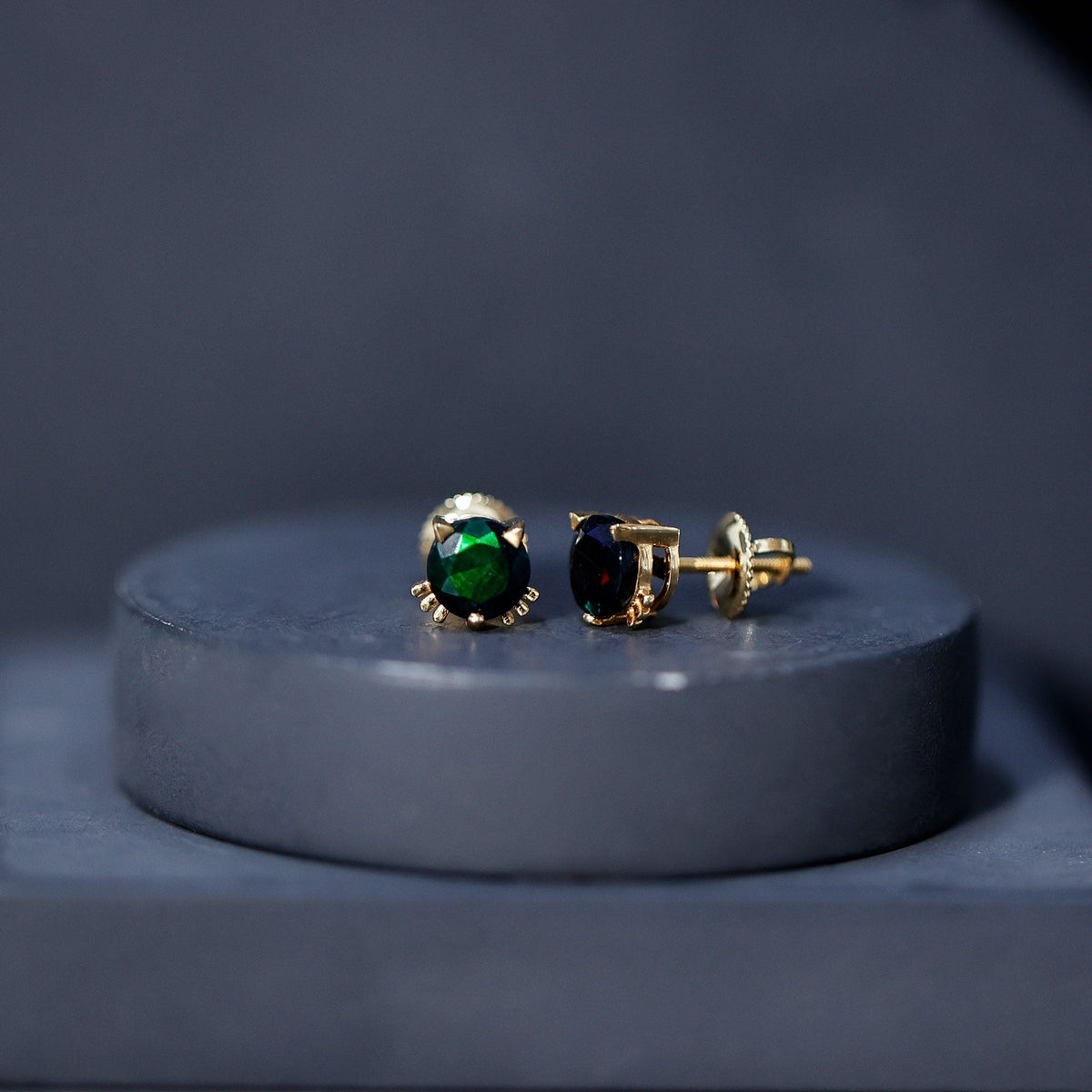 Solitaire Black Opal Cat Stud Earrings with Screw Back