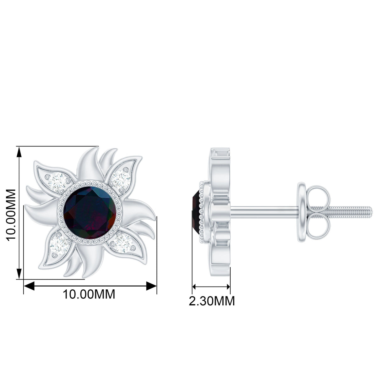 Genuine Black Opal Sunburst Stud Earrings with Diamond