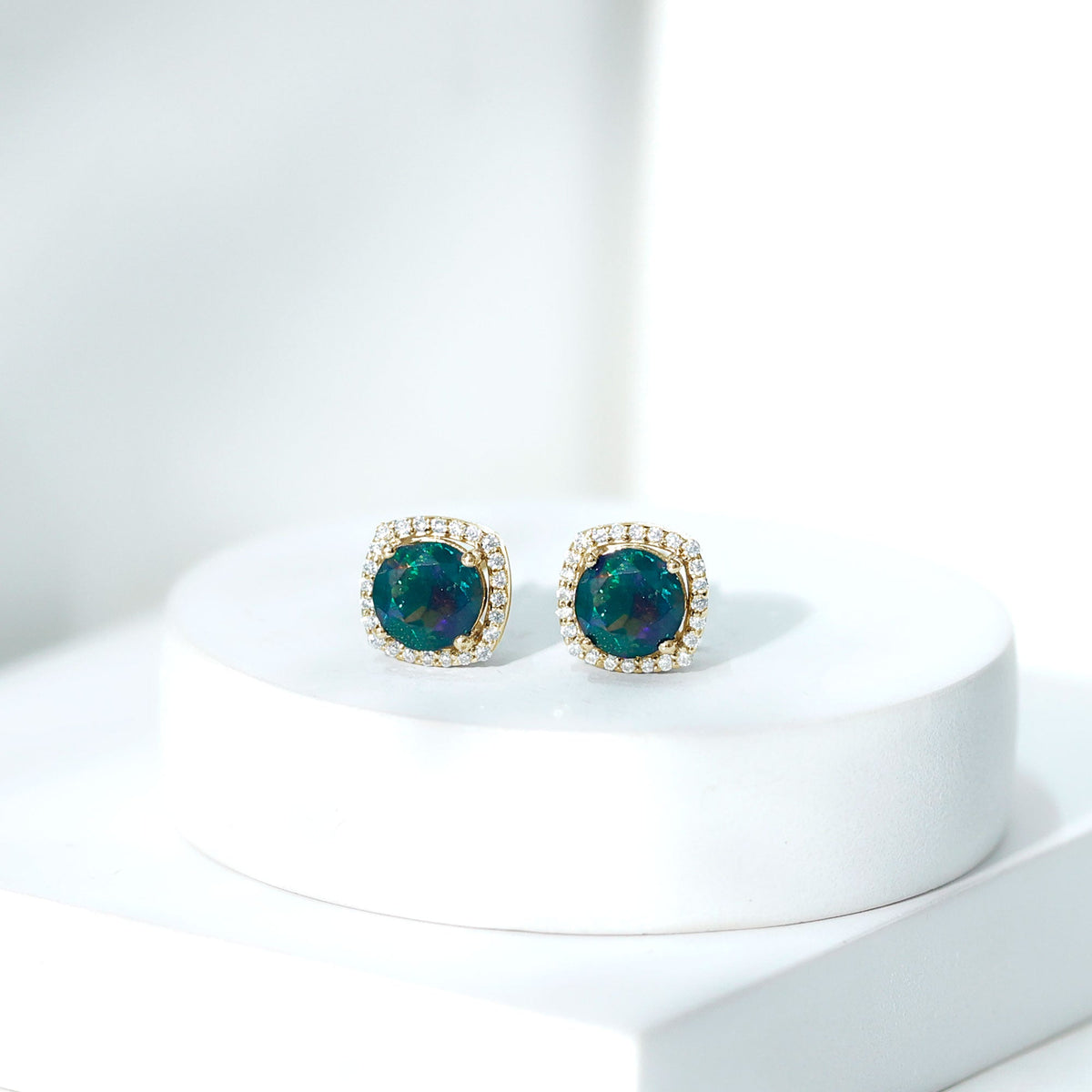 Round Shape Black Opal Stud Earrings with Moissanite Halo